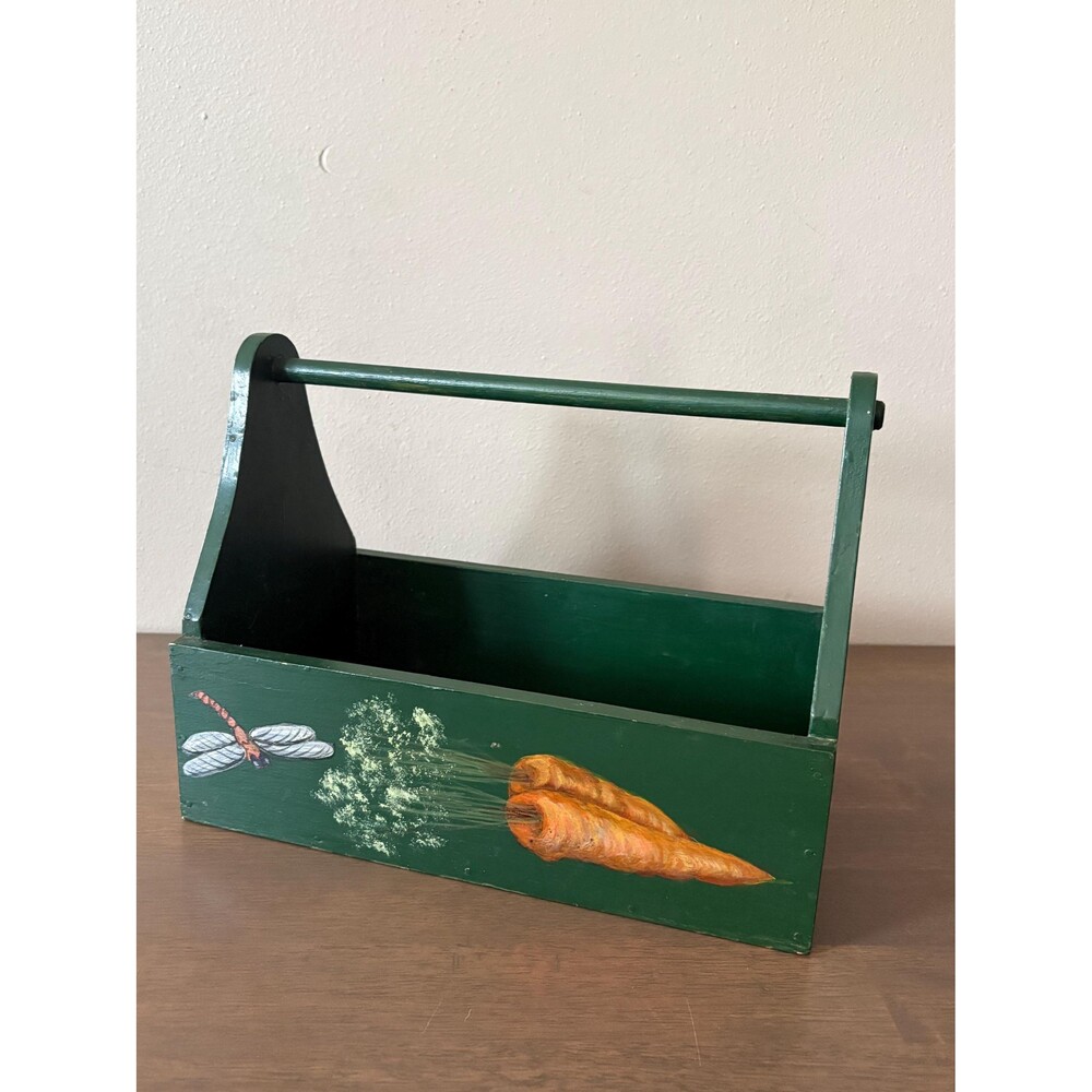 Vintage Hand-Painted Wooden Garden Tool Caddy Carrots Dragonfly Mushrooms Artich